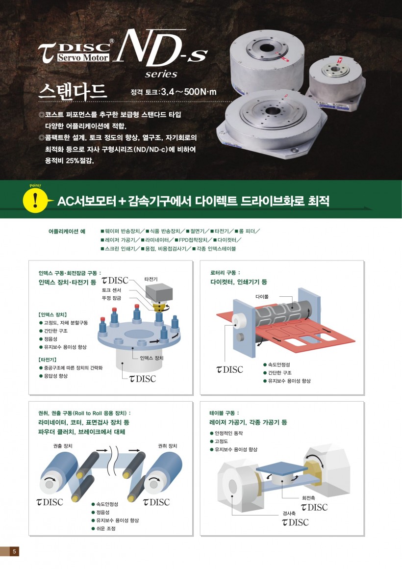 
T Disc ND-s 스탠다드
- 코스트 퍼포먼스를 추구한 보급형 스탠다드 타입
- 다양한 어플리케이션에 적합
- 콤팩트한 설계, 토크 정도의 향상, 열구조, 자기회로의 최적화 등으로 자사 구형시리즈(ND/ND-c)에 비하 용적비 25% 절감
- AC서보모터+감속기구에서 다이렉트 드라이브화로 최적
								